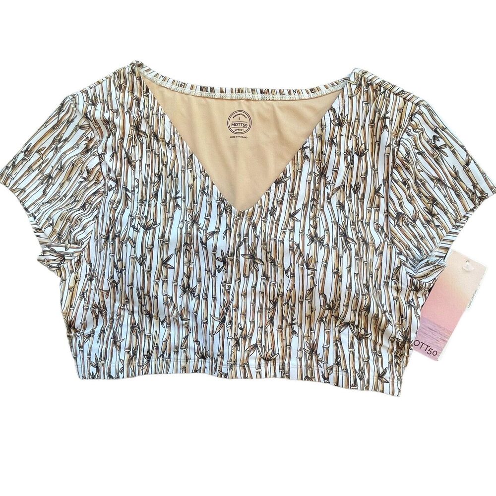 Mott 50 Clara Medium Crop Swim Top V-Neck UPF 50+ Short Sleeve Bamboo Forest Tan